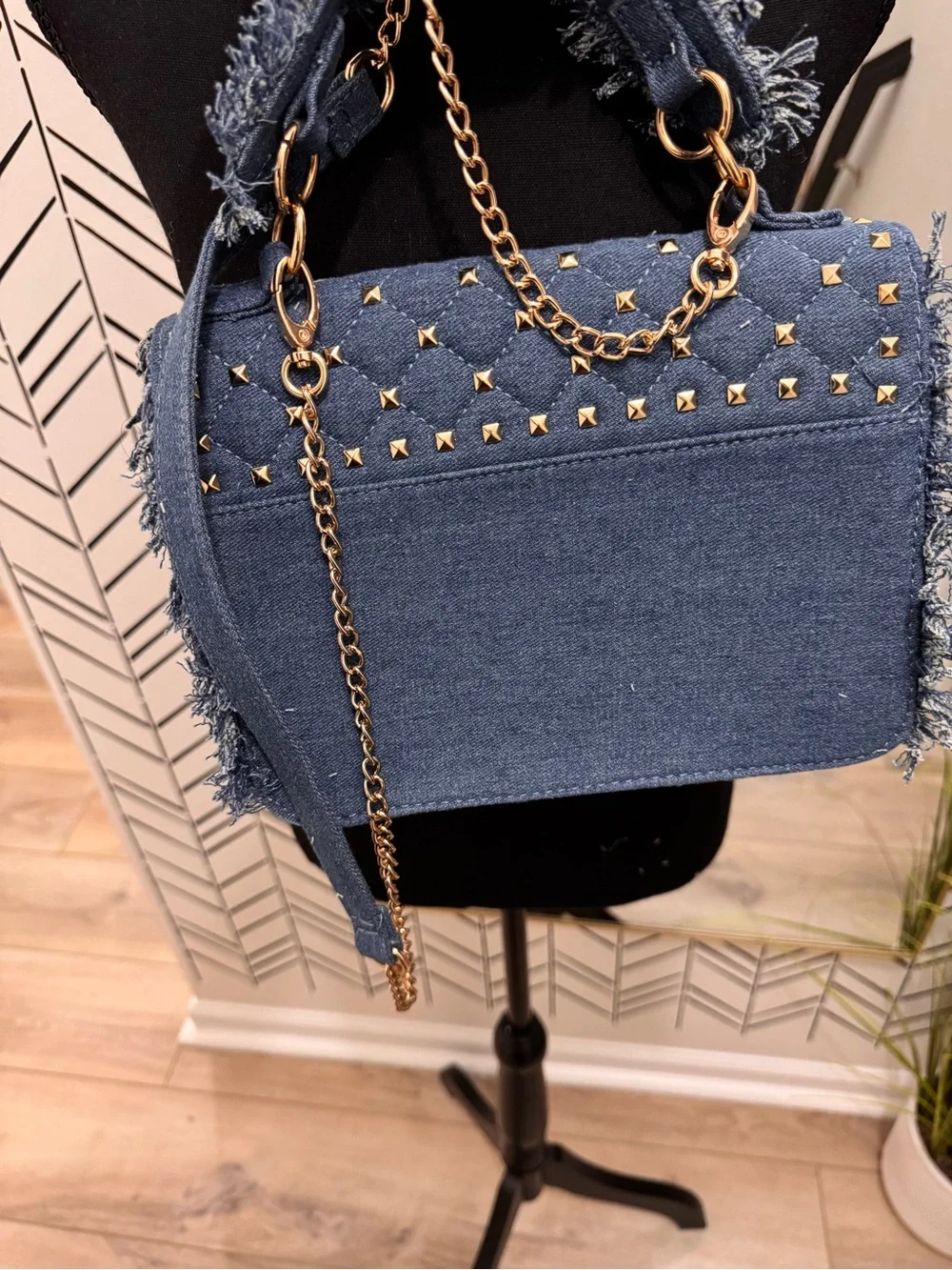 Quilted Denim Studded Fringe Crossbody Shoulder Bag
